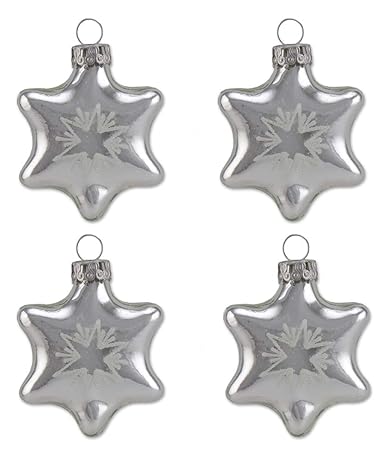 Thüringer Glasdesign Baumschmuck Sterne 4cm 4-TLG. - Silber mit Sternglitzer - A061-0535-000 - Kugeln in Sternenform Weihnach