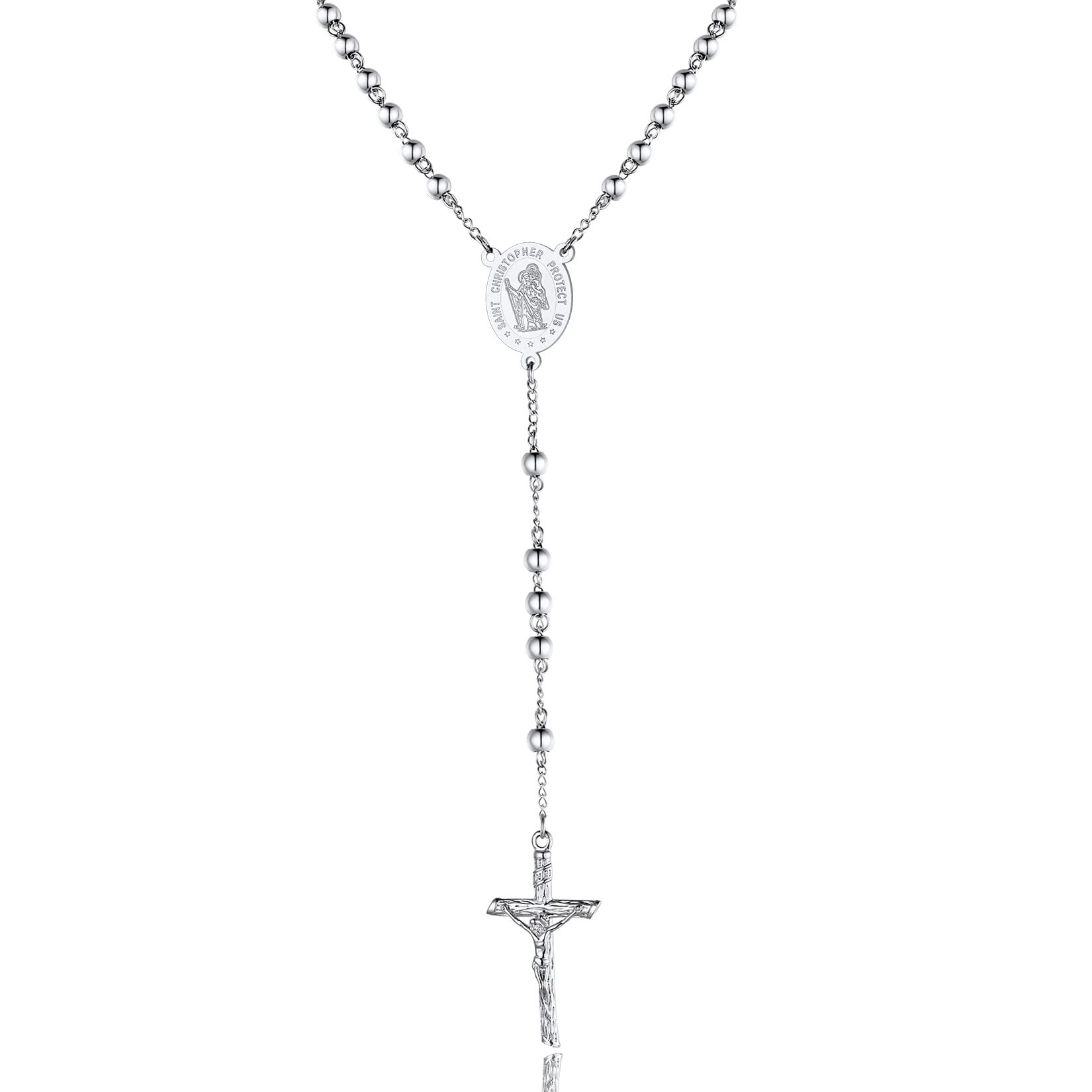 ChainsPro Cross Necklace Rosary Beads Catholic Men Women Saint Christopher Medal Silver Chain Stainless Steel Crucifix Prayer Jesus Gift Mens Christian Jewellery