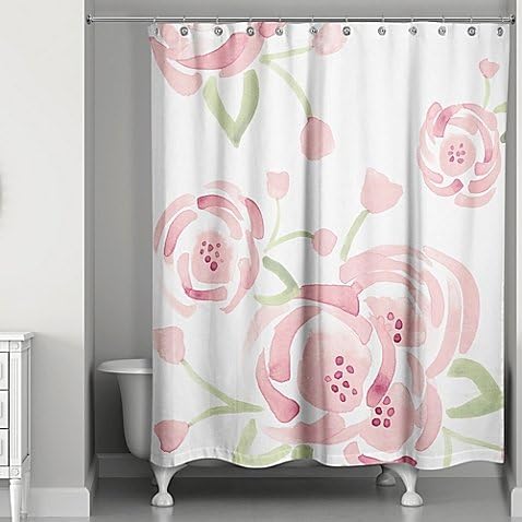 Designs Direct Spring Large Watercolor Roses 74-Inch Shower Curtain in Pink/Green
