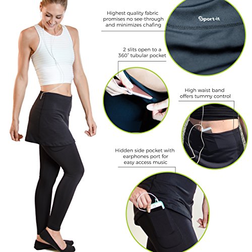 Sport-it Women's Leggings Skirt Black Golf Skirt, Skirted Leggings, Active Skirt with Pockets, Black Running Skort Plus Size Skirt with Tights Attached (XL Extra Large)