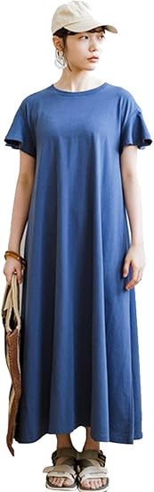 Amazon Co Jp カットソーワンピース マキシワンピース ロングワンピース フレア袖 リラックスワンピース レディース ロング ゆったり リラックス シンプル デイリー ワンピース カットソー Tシャツ 体型カバー マキシ スリット 大人 カジュアル 服 ファッション小物