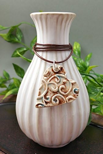 Essential Oil Diffuser Necklace Aromatherapy Perfume Ceramic Clay Artist Heart Pendant in Mocha Marble Aqua Swirl Scrollwork on a Espresso Brown Waxed Cotton Necklace