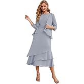 Duricve 2 Piece Tea Length Mother of The Bride Dresses with Jacket Long Chiffon