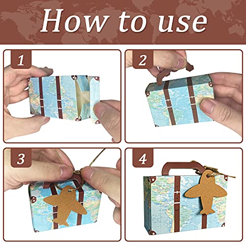 CHolic 50Pcs Party Favor Candy Box, World Map Mini Suitcase Favor Box, Vintage Kraft Paper with Tags and Burlap Twine for Travel Themed Party, Bridal Shower, Wedding Decorations