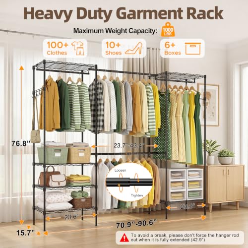 UEAKPIC Heavy Duty Garment Clothes Rack Wire Load-bearing 1000LBS-Black | Adjustable Freestanding Expandable Clothing Rack 4 Tier with 4 Hanging Rods, 15.7"Dx(70.9"-90.6")Wx76.8"H for Bedroom Laundry