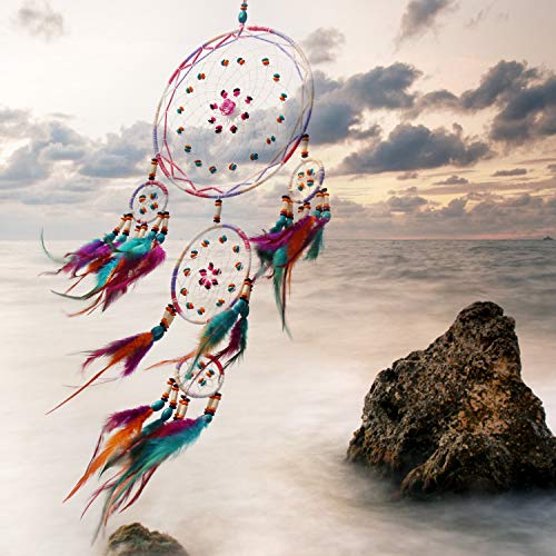 image for SIKEMAY Colorful Dream Catcher - Handmade Exquisite Feather Beaded Lar