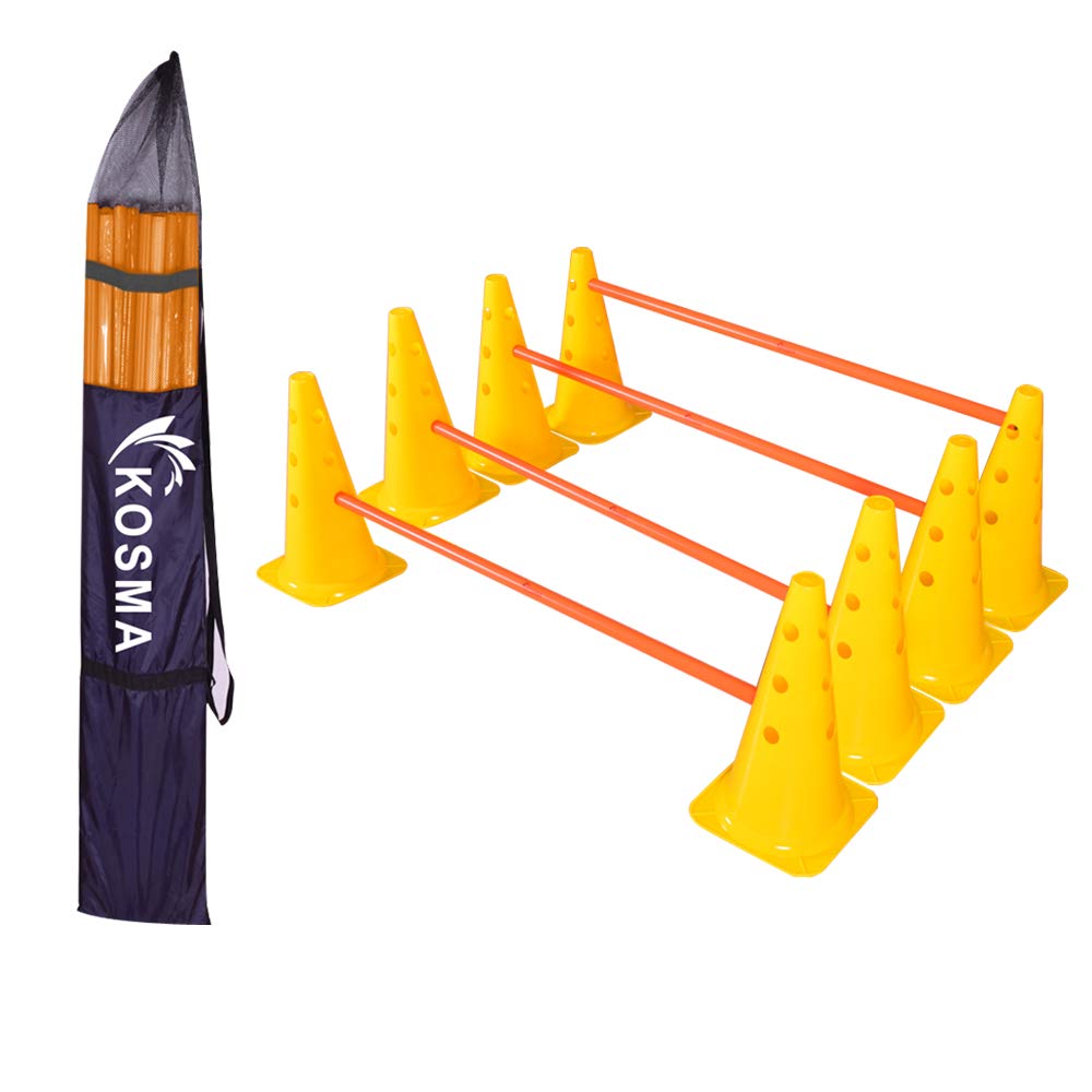 Kosma 12Pc Dog Agility Training Set | Adjustable Speed Agility Training Hurdles Set - 8 Durable (15 Inch) Yellow Cones with 12 holes & 4 Orange Poles (100 cm) - In Carry Bag