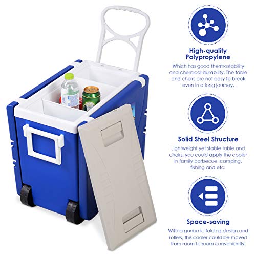 Giantex Multi Function Rolling Cooler Picnic Camping Outdoor w/ Table & 2 Chairs Blue - Thumbnail 3
