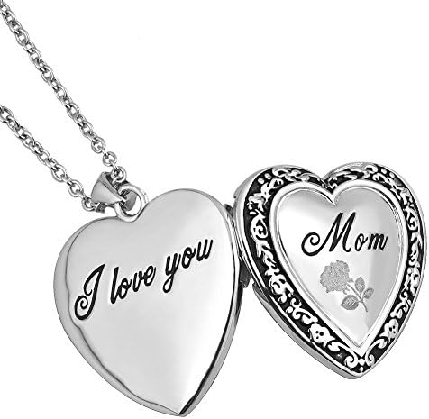 Uniqueen Mother's Gift Heart Engraved Rose Flower I Love You Mum Locket Pendant on Curb Chain 18 inch Necklace