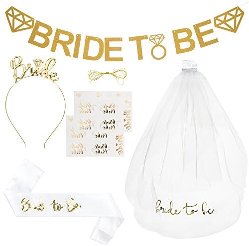 Bride To Be Bachelorette Party Decorations Kit |Classy Bridal Wedding Shower Supplies |1 Sash For Bride,1 Bridal Veil Tulle/Comb,1 Metal Gold Tiara,1 Banner, 2 Sheet Tattoos