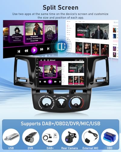 NHOPEEW 2G+64G Android Car Radio for Toyota Hilux 2005-2014 - Wireless Carplay & Android Auto - 9 Inch Android Stereo with WiFi EQ GPS Mirror Link FM RDS + AHD Camera & Mic