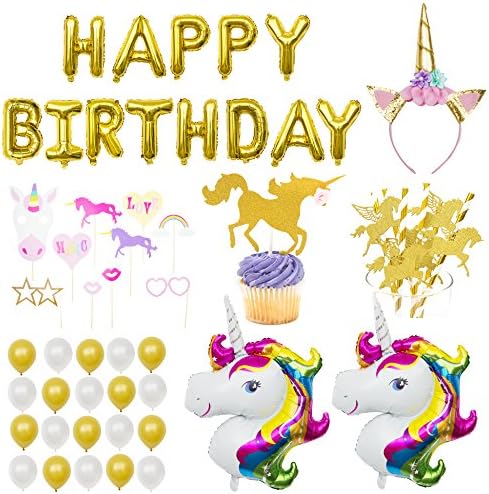 Unicorn Birthday Party Supplies - Unicorn Decorations Including Happy Birthday Banner, Large Unicorn Foil Balloons, Gold Unicorn Headband, Photo Booth Props, Glitter Unicorn Cake Toppers, More