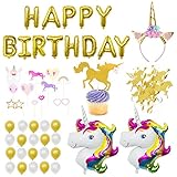 Unicorn Birthday Party Supplies - Unicorn Decorations Including Happy Birthday Banner, Large Unicorn Foil Balloons, Gold Unicorn Headband, Photo Booth Props, Glitter Unicorn Cake Toppers, More