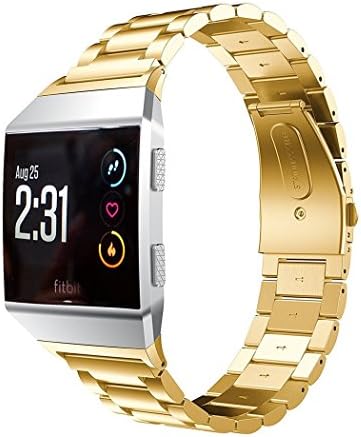 Juvnile Fitbit Ionic Smart Watch Premium Stainless Steel Crystal Rhinestone Wrist Band for Women Men Adjustable Metal Watch Chain Band with Folding Clasp | One Size Fits All Wrists (Gold)