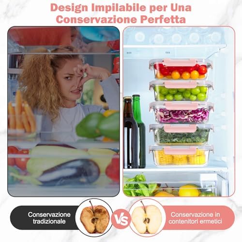 Set 10 Contenitori Vetro per Alimenti con Coperchi Ermetici, Senza BPA, Adatti a Microonde, Forno, Frigo e Congelatore, per Meal Prep, Rosa