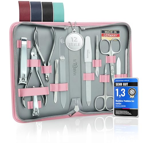marQus Solingen Maniküre Pediküre Set - 12 Teile in Echt Leder Etui handlich und weich - Komplett Kit mit allem für die Hand- und Fußpflege, Nagelset