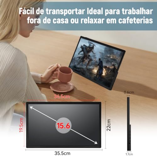 Monitor Portatil para Notebook 15.6" FHD IPS Ultra Fino 1080P com HDR e FreeSync USB-C/HDMI Zero Latência - Tela Portátil para Notebook com Filtro de Luz Azul,pare Viagens, Casa, Trabalho e Jogos