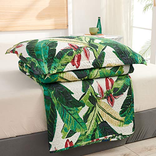 Tropical Rainforest Summer Quilt Set King Size Green Leaf Bedding Set Lightweight Reversible Botanical Flower Bedspread Coverlet with Sham Soft Breathable Bed Set, 1 Quilt and 2 Pillowshams