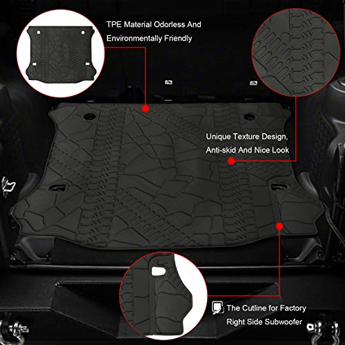 Black Cargo Liner Rear Trunk Floor Mat Compatible with 2011-2018 Jeep Wrangler JK Unlimited 4 Door All Weather Protector TPE Cargo Tray Cover with or Without Factory Right Side Subwoofer