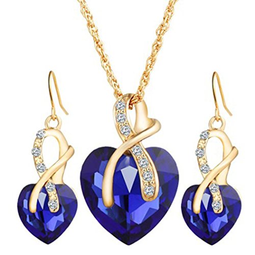 Mother's Day Gift Daoroka Austrian Crystal Fashion Heart Jewelry Sets Necklace Earrings Wedding Party Accessories (Length:44 cm +5cm Earrings 2.9cm, Blue)