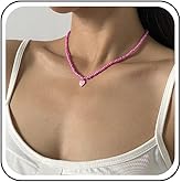 Andelaisi Boho Seed Bead Necklace Choker Seed Bead Heart Necklace Vintage Rice Bead Choker Necklace Tiny Enamel Heart Pendant Necklace Beach Beaded Chain Necklace Jewelry for Women(Yellow)