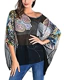 DJT Womens Batwing Sleeve Round Neck Flower Semi Sheer Top One Size Black #7