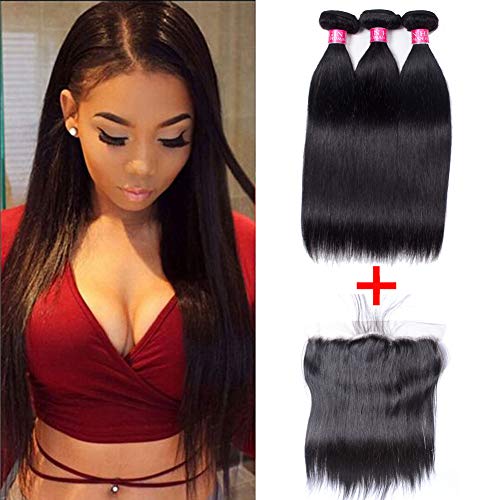 YUANMEI Hair Brazilian Straight Mink Human Hair 3 Bundles With Ear to Ear Lace Frontal Natural Color Remy Hair With Free Part 13X4 Lace Front Very Soft(18" 20" 22"+16")