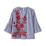 Fedi Apparel Women's Embroidery Floral Striped Long Sleeve Blouse Tops T-shirt (Blue, Asian XL)