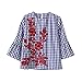Fedi Apparel Women's Embroidery Floral Striped Long Sleeve Blouse Tops T-shirt (Blue, Asian XL)