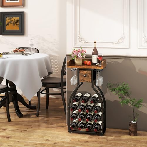 IBUYKE 15 Bottle Freestanding Wine Rack with Glass Holder and Storage Drawer, Mini Shelving Unit for Kitchen, Bar and Dining Room, Rustic Brown TMJ908H