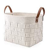 18.08''x12.97''x12.58''Felt Storage Basket, LOONG BABY Soft Durable Woven Storage Bin, Handmade Nursery Baskets Boxes with PU Handles for Kids Clothes Baby Room Storage Toys Chest(White)