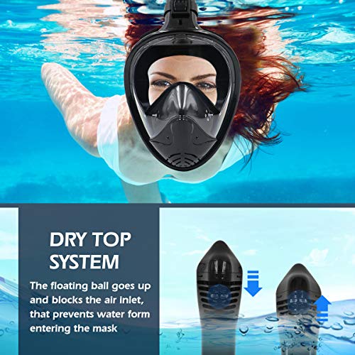 ROCONTRIP Full Face Snorkel Mask, Free Breathing 180° Panoramic View Diving Mask, Anti-Fog Anti-Leak and Adjustable Head Strap Snorkeling Mask for Men Women Adult (Black, L/XL) - Thumbnail 3