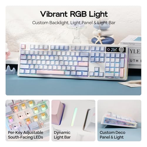 EPOMAKER TH108 V2 PRO Full Size Mechanical Keyboard with Screen&Knob, 10000mAh, BT/2.4Ghz, Mac Modifier PBT Keycap, Hot Swap, RGB, Gasket, Wireless Gaming Keyboard for Mac/PC (Blue, Sea Salt Silent)