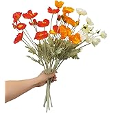 9Pcs Poppy Flowers Artificial,Poppy Silk Flowers with Stems,Ranunculus Artificial Flowers,Faux Flower Stems for Wedding Party Outdoor Indoor Decor Flower Arrangements for Table (Orange White)