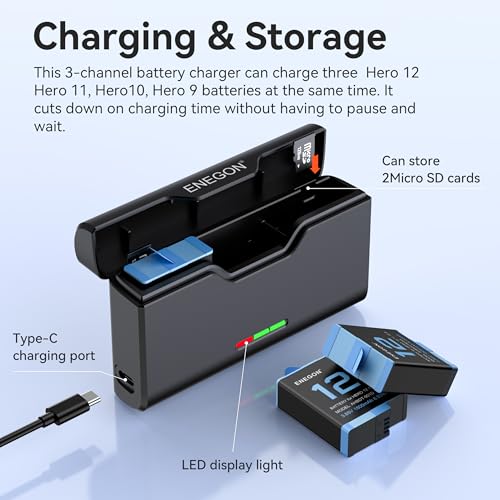 ENEGON Battery for Gopro Hero 12 11 10 9(1800 mAh 3-Pack) and Triple USB LCD Battery Chargers with SD Card Storage Compatible with GoPro Hero 12/11/10/9 (3 x Batteries + 1 x Charger, Black)