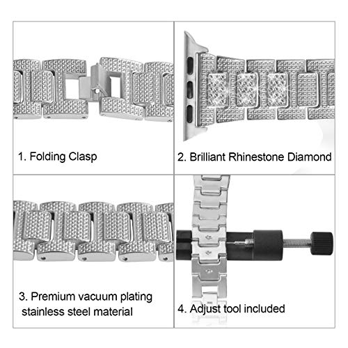 hooroor Bling Bands Compatible Apple Watch Band 42mm 44mm iWatch Series 4 3 2 1 for Women Men, Diamond Rhinestone Stainless Steel Metal Replacement Accessories Wristband Strap, Silver