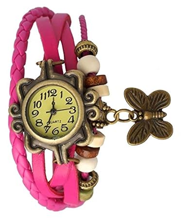 Vintage Leather Pink Bracelet Butterfly Watch for Girls, Women