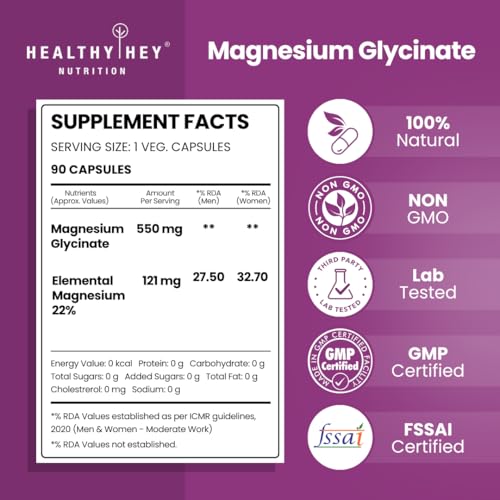 HealthyHey Nutrition Magnesium Glycinate High Absorption for Sleep, Cramps, & Nerves Health - 90 Vegetable Capsules