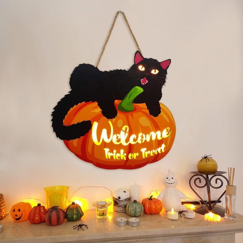 Wreath Hangers - Halloween Door Decoration-Cute Black Cat and Pumpkin Door Wall Hanging Welcome Sign Decor for Indoor Outdoor Home Halloween Decor signs