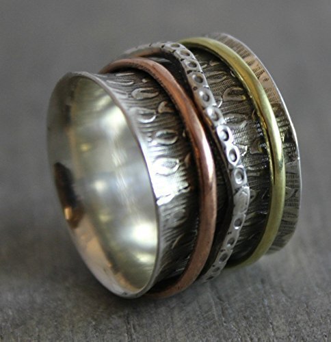 Sterling Silver Mixed Metals Brass Copper Leaf Detailing Bohemian Spinning Fidget Ring, Size 8