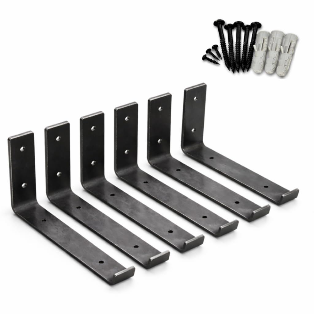 MKGT Set of 6 Heavy Duty Steel Shelf Brackets for Scaffold Board Shelving, 225mm Wall Mounted Rustic Industrial Supports, Raw Steel