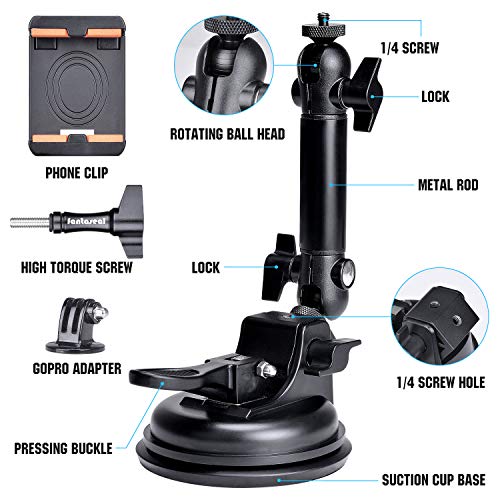 fantaseal Action Camera Smartphone Suction Cup Race Car Cockpit Mount Motion Camcorder Vehicle Windshied Hood Rooftop Holder for GoPro Sony iPhone Hi-Speed Filming