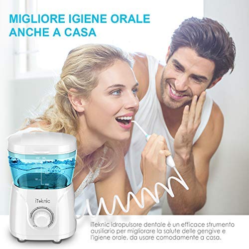 Idropulsore Dentale Professionale iTeknic Irrigatore Dentale Elettrico Irrigatore Orale con 7 Beccucci Intercambiabili, 10 Impostazioni di Velocità e Serbatoio da 600ml per Pulizia Dentale Igiene Dentale