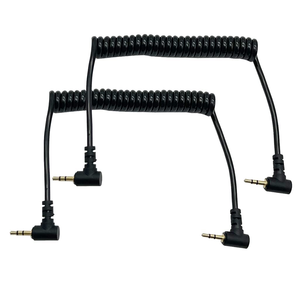 LiKuCo Coiled 2.5mm Audio Cable Coiled 2.5mm to 2.5mm Double Angled Male to Male Stereo Headset Headphone Jack Gold Plated Connector Wire Cord Plug Cable (2Pack)