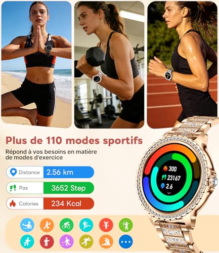 LIGE Women's Smart Watch with Bluetooth Calling, 1.32 Inch Diamond Waterproof Women's Smartwatch with 110+ Sports Modes Pedometer Sleep for iOS and Android, 500+ Dial, Rose Gold Stainless Steel