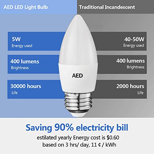 AED LED Candelabra Light Bulbs, E26 Medium Screw Base, 40-50W Equivalent, 2700K Warm White, 400 Lumens, Non-dimmable, LED Decorative Candle Light Bulbs for Chandelier and Ceiling Fan, 6Packs
