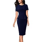 VFSHOW Womens Pleated Crew Neck Peplum Work Business Office Church Bodycon Pencil Sheath Dress