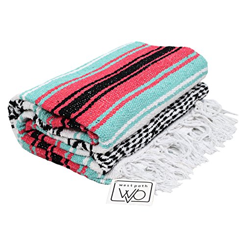 Mint Green and Coral Red Pink Mexican Blanket - Authentic Mexican Flasa - Great Yoga Blanket, Beach Blanket, Picnic Blanket, or Mexican Throw! Handwoven