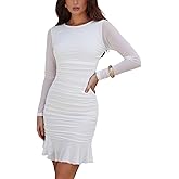 firfig Women's Sexy Ruched Bodycon Mini Dress Mesh Long Sleeve Ruffle Hem Club Cocktail Party Short Dresses