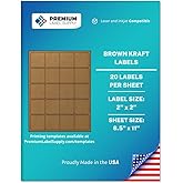 Premium Label Supply Brown Kraft Sticker Square Labels – 2" x 2" – Laser/Inkjet Compatible – (20 per Sheet), 25 Sheets – 500 Total Adhesive Labels